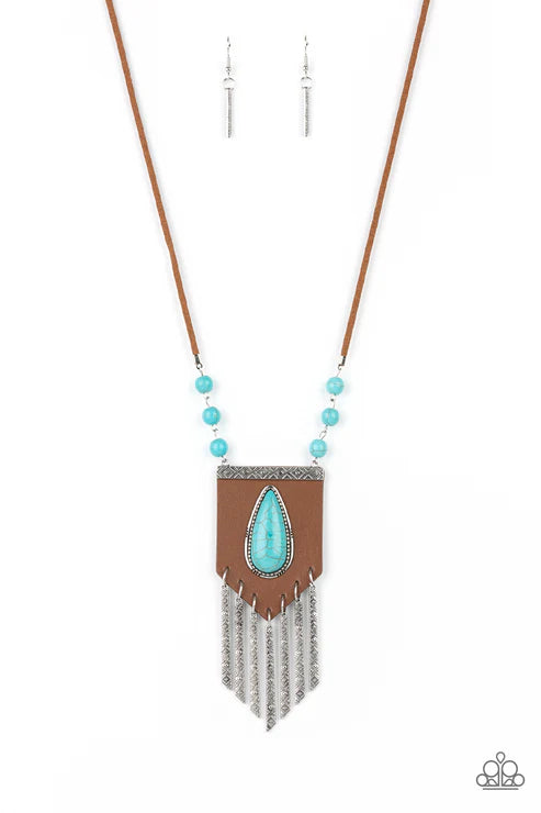 Necklace with turquoise pendant and brown leather strip on a white background