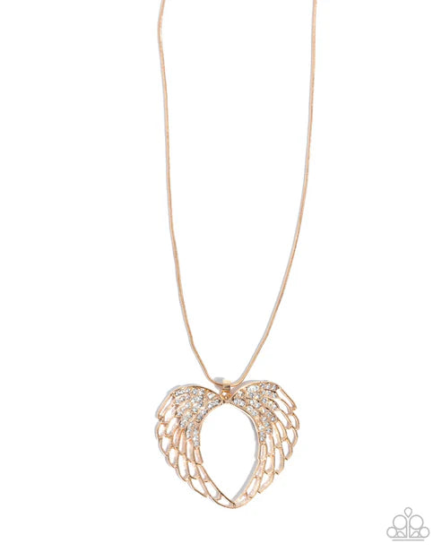 Rose gold angel wing necklace on a white background
