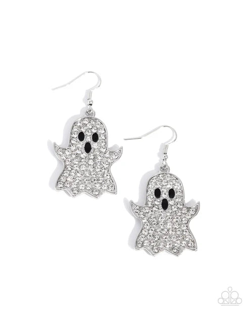 Ghost-shaped earrings with rhinestone details on a white background