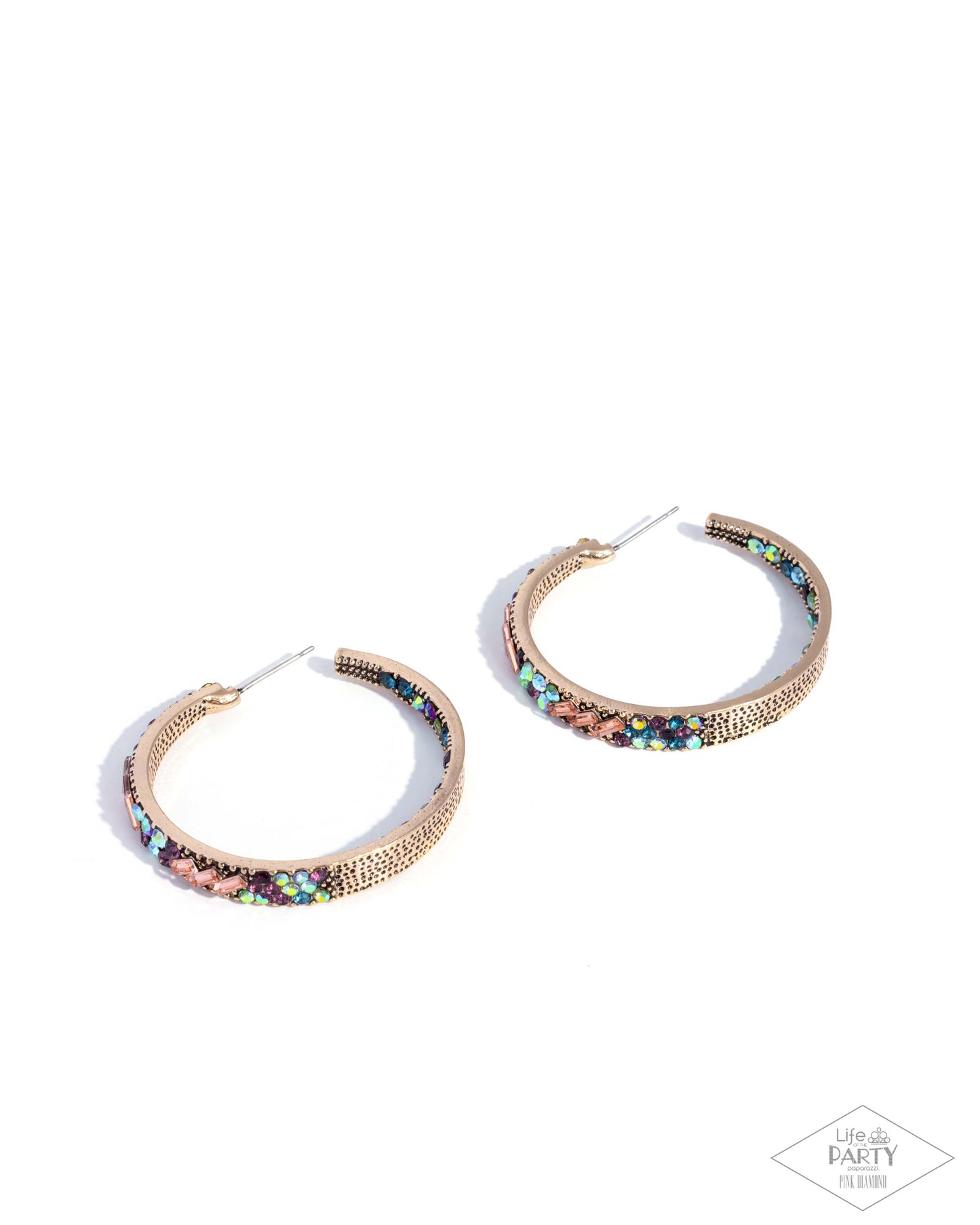 Gold hoop earrings with colorful beads on a white background