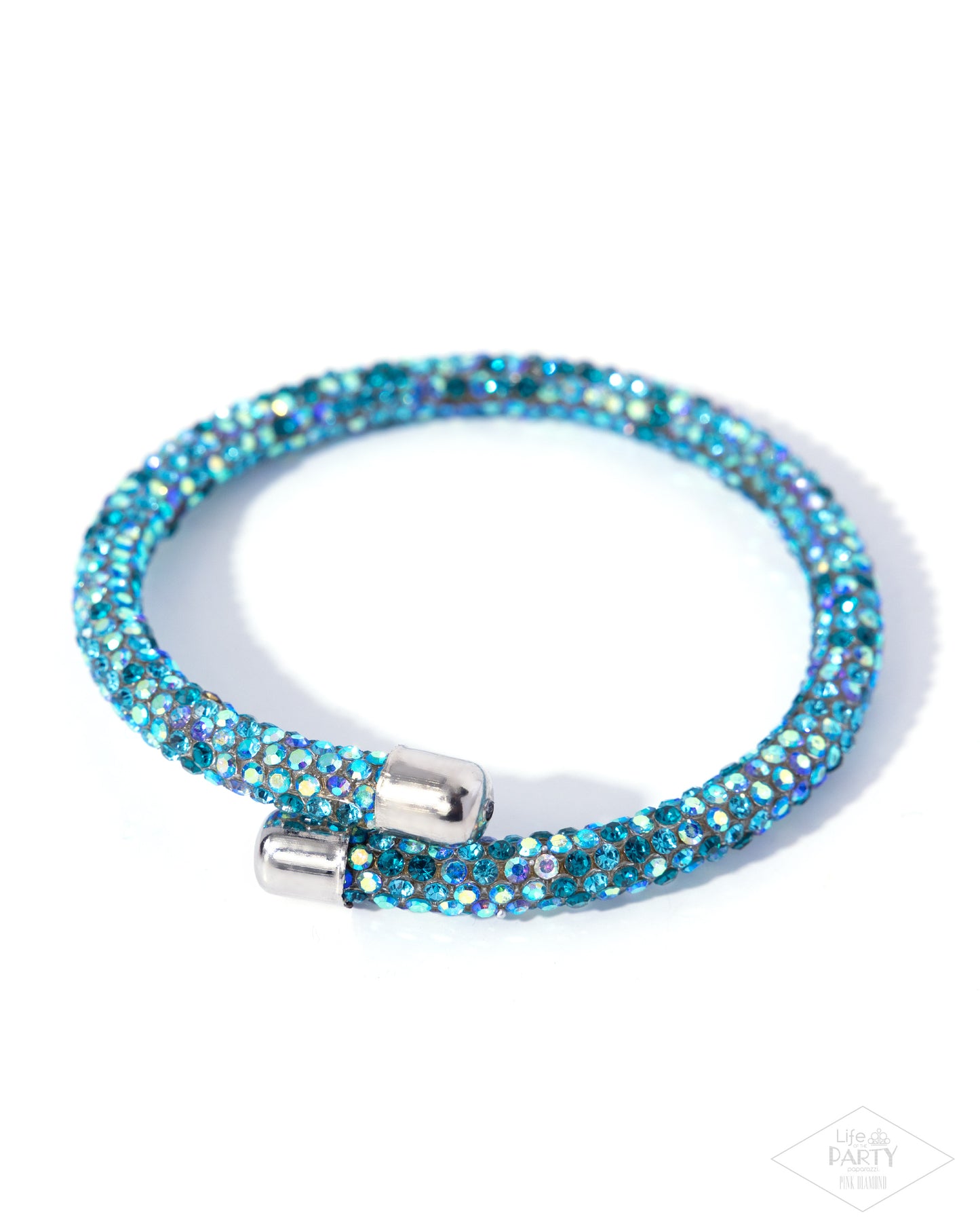 Blue beaded bracelet with a silver clasp on a white background