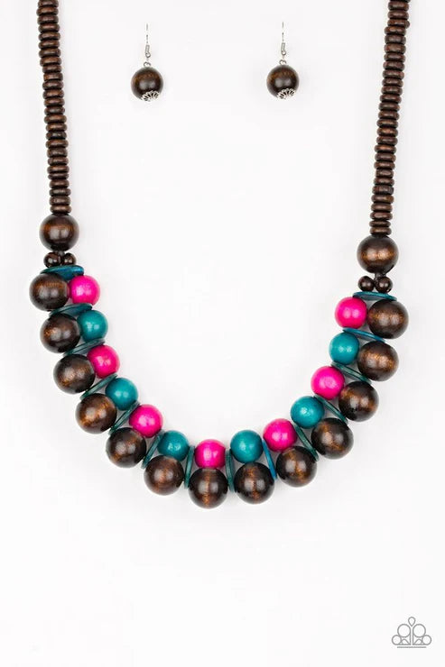 Necklace and earrings with brown, pink, and teal beads on a white background