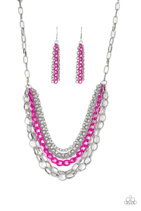 Necklace and earrings set with pink and silver chains on a white background