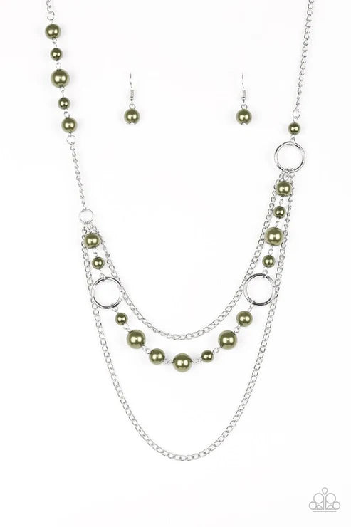 Necklace with green beads and silver chain on a white background