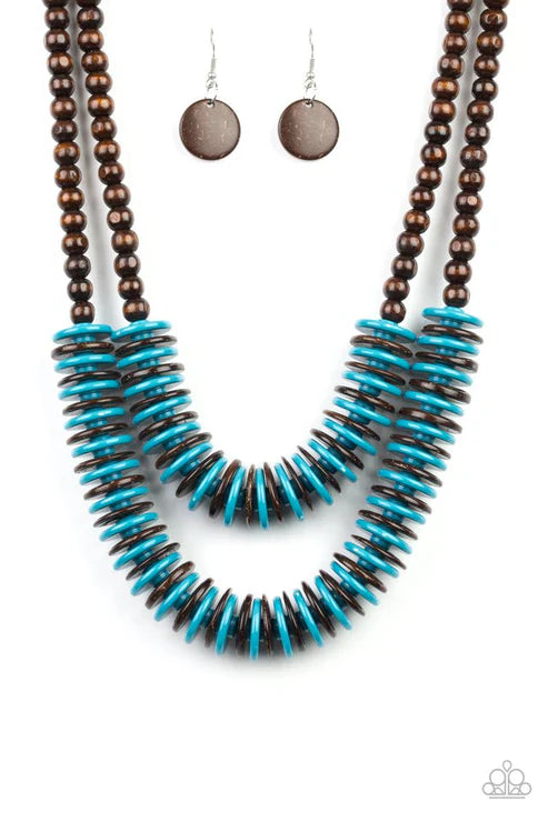 Necklace and earrings set with brown and turquoise beads on a white background