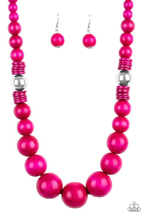 Pink beaded necklace and earrings on a white background