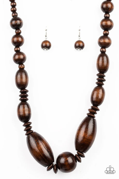 Brown beaded necklace and earrings on a white background