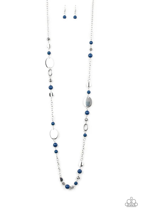 Necklace and earrings with blue and silver beads on a white background