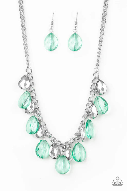 Necklace with green teardrop-shaped beads on a white background