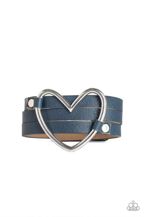 Blue leather belt with a silver heart-shaped buckle on a white background