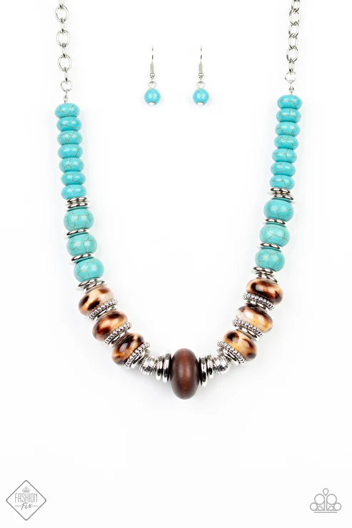 Turquoise beaded necklace with brown and gold accents on a white background