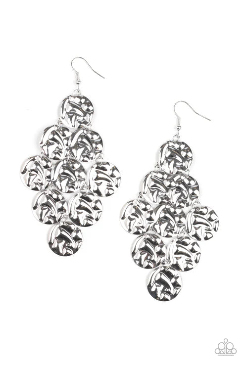 A pair of silver-toned dangle earrings with a textured, overlapping circular cluster design, shown against a plain white background.
