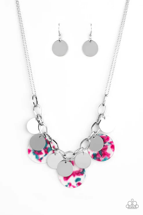 Necklace and earrings set with colorful floral design and silver accents on a white background