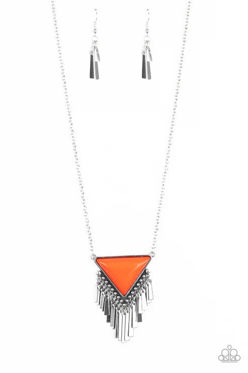 Necklace with orange triangle pendant and silver fringe on a white background