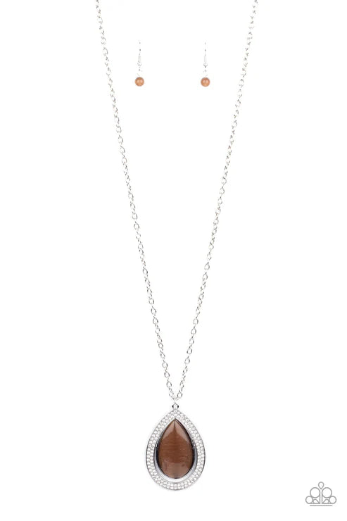 Necklace with a teardrop-shaped brown pendant on a white background