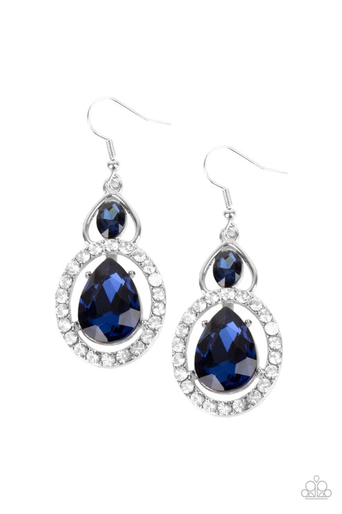 Pair of blue gemstone earrings with silver accents on a white background