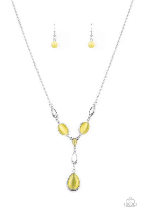 Necklace with yellow teardrop pendants on a white background