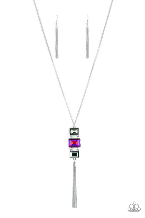 Necklace with colorful pendant and tassel on a white background