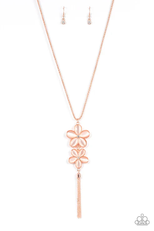Rose gold necklace with floral design on a white background