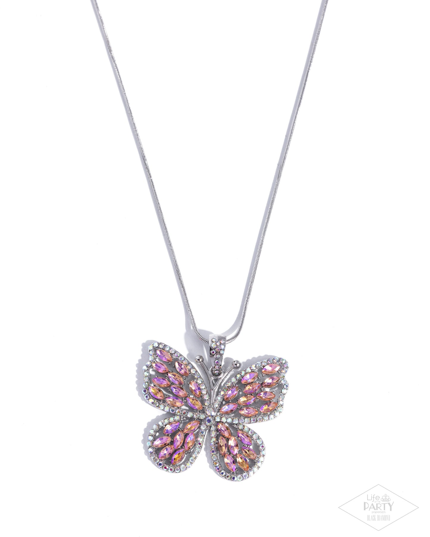 Butterfly-shaped pendant necklace with pink gemstones on a white background