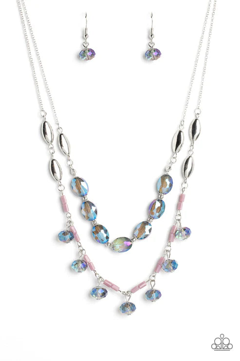 Jewelry set with necklace and earrings featuring multicolored beads on a white background