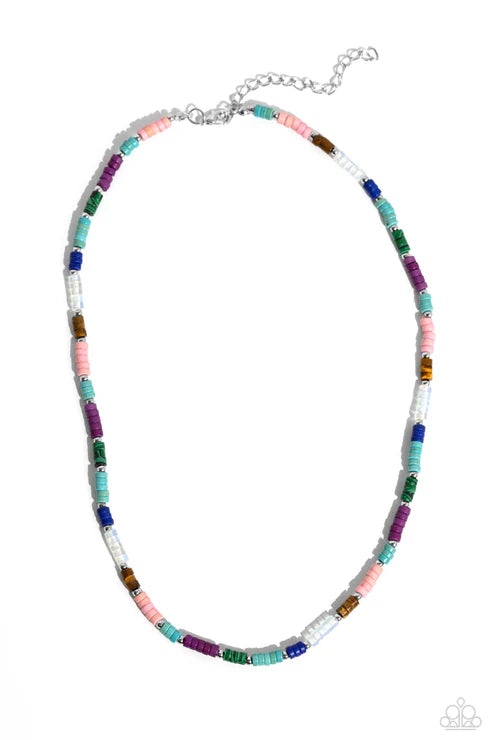 Multicolored beaded necklace on a white background