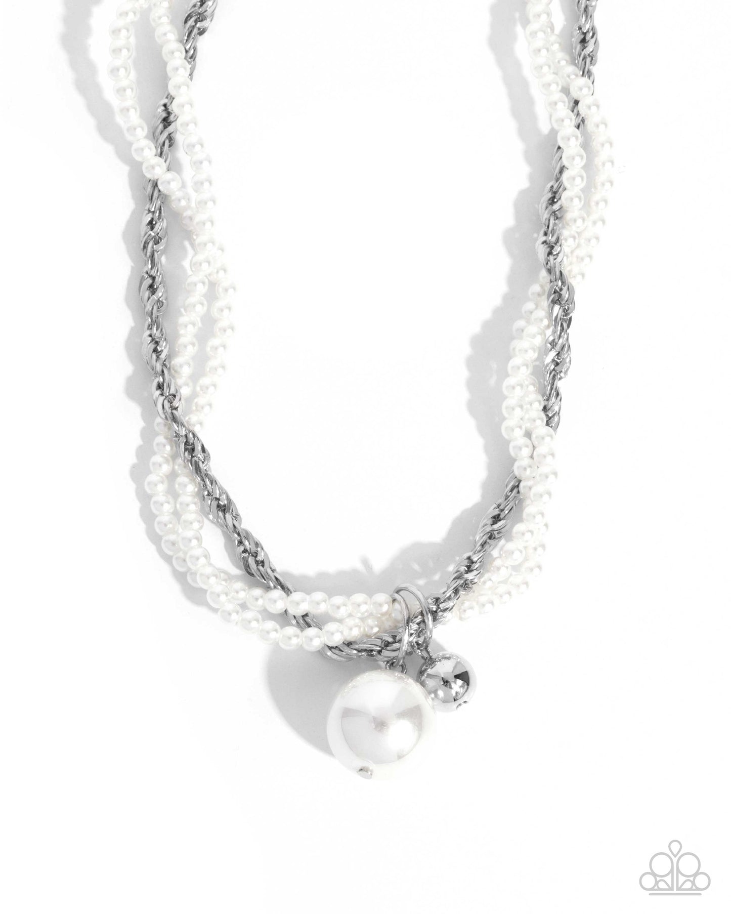 Necklace with pearls and silver accents on a white background