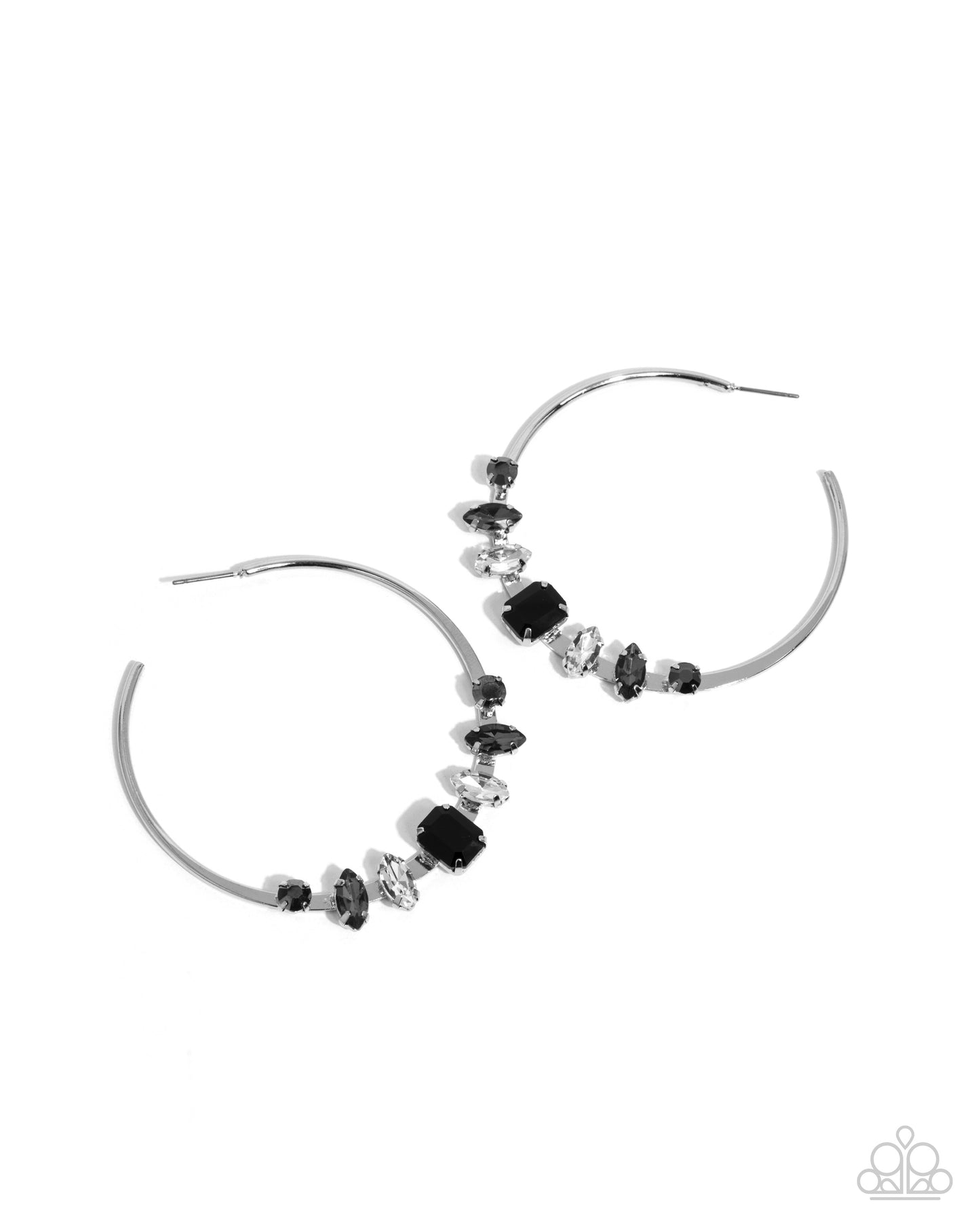 Pair of hoop earrings with black and clear beads on a white background