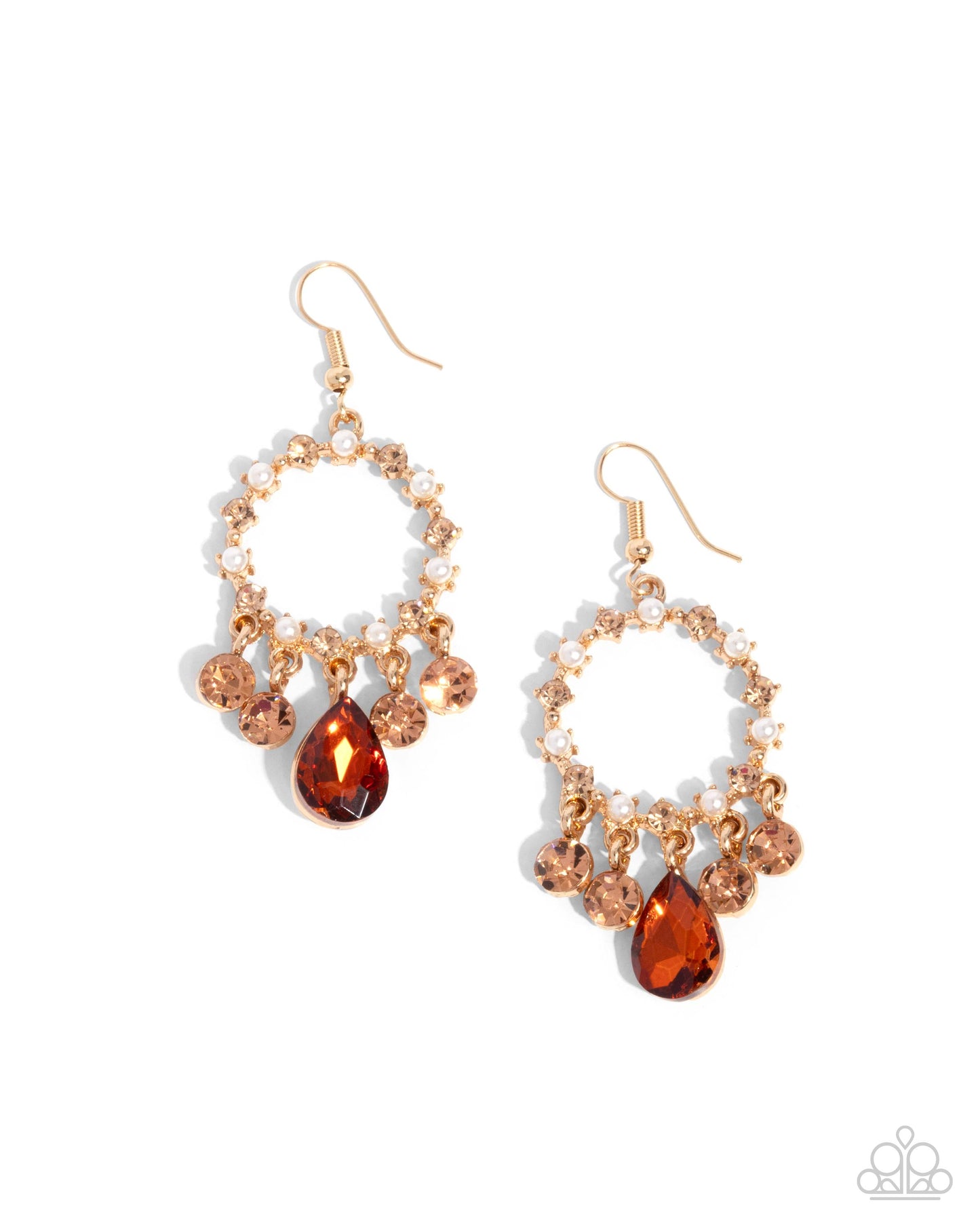 Pair of gold and amber teardrop earrings on a white background