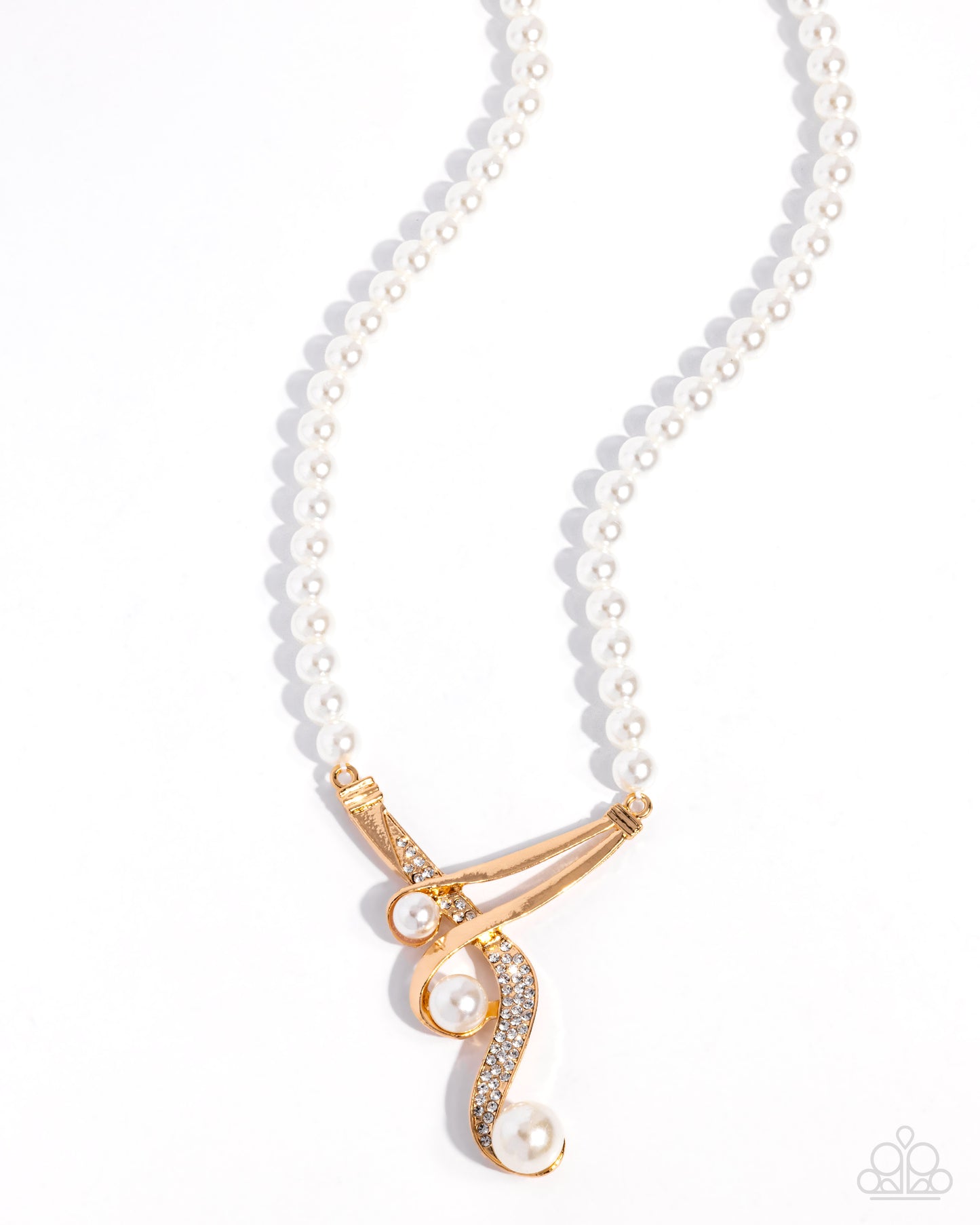 Pearl necklace with a gold pendant on a white background
