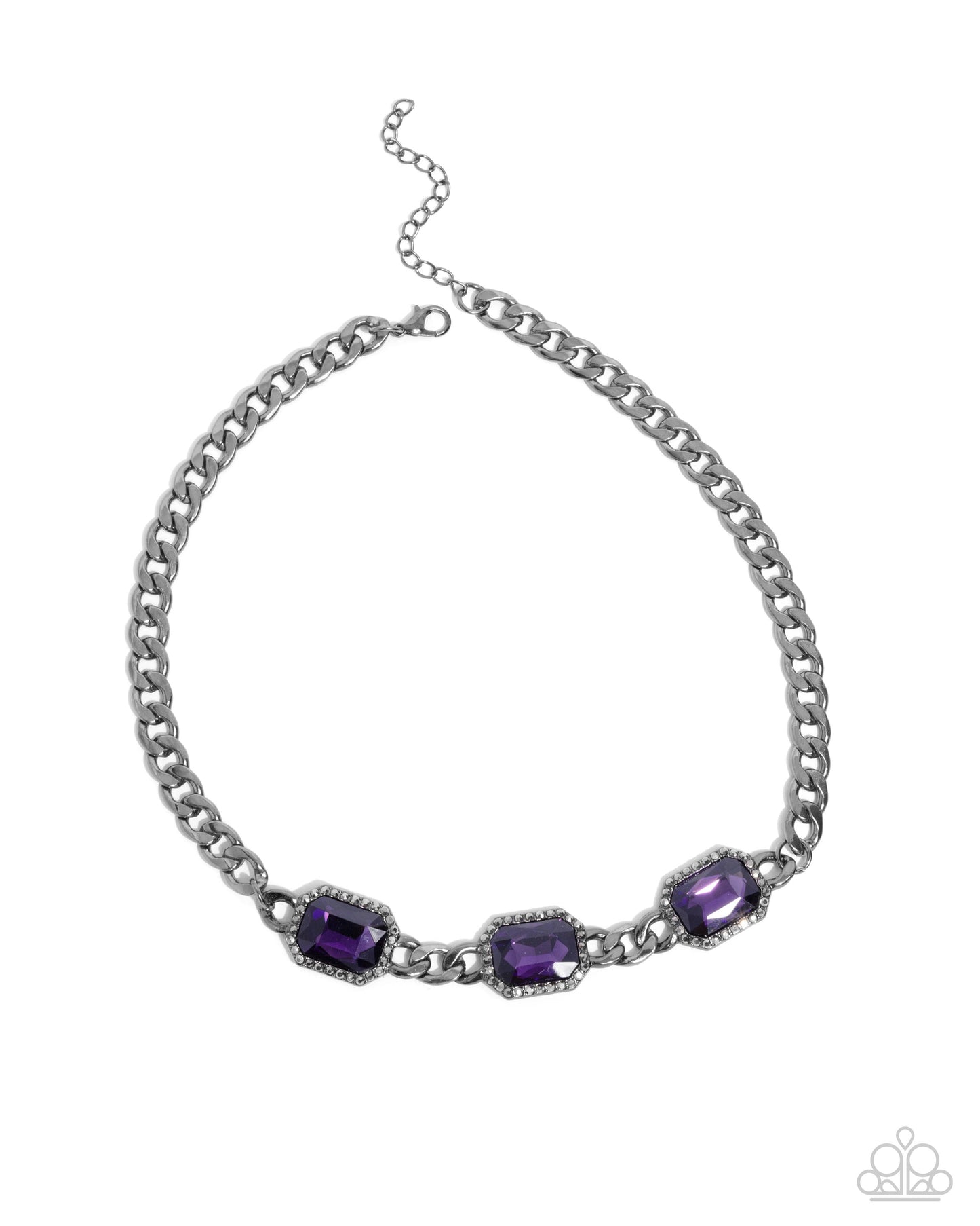 Silver chain necklace with purple gemstones on a white background