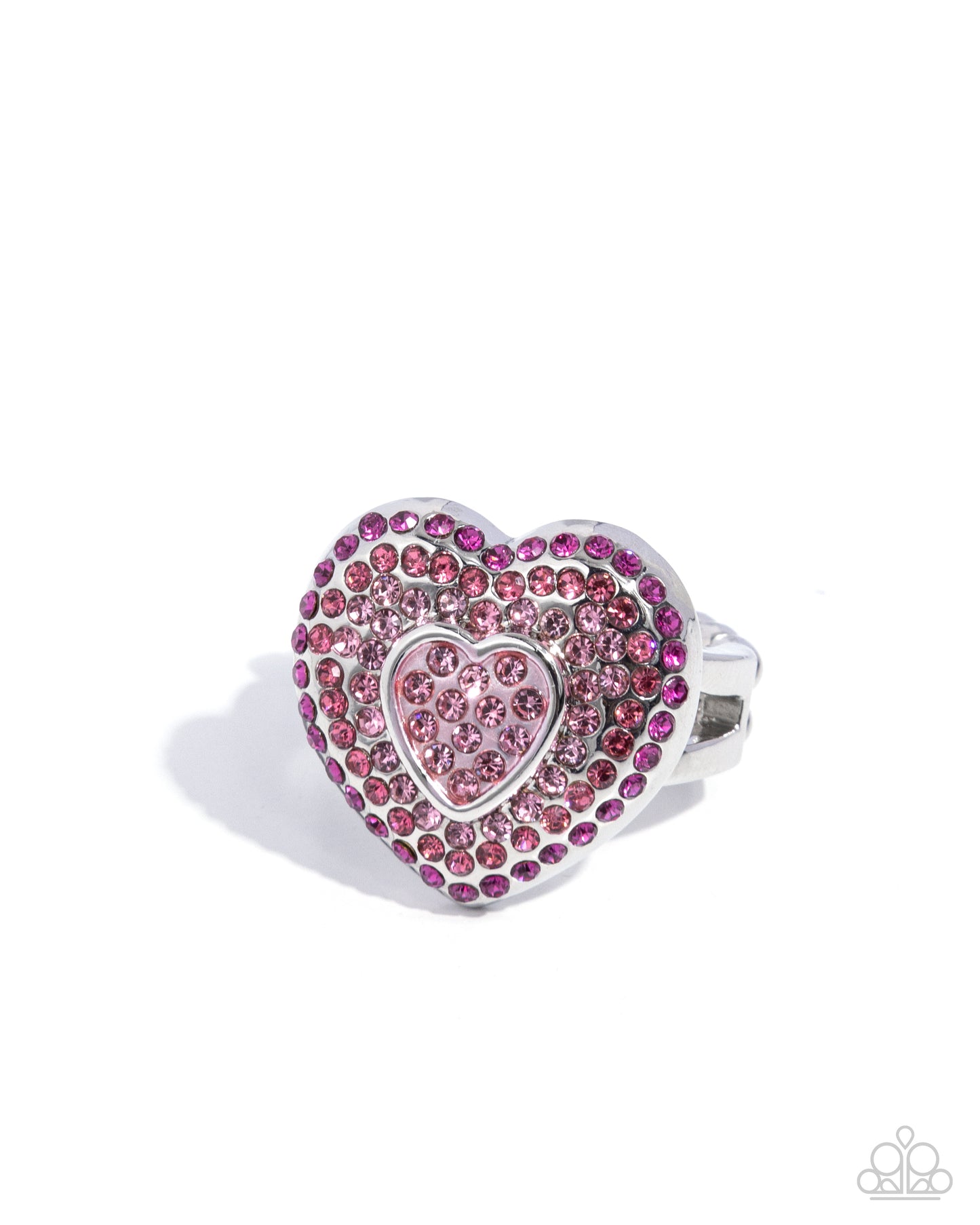 Heart-shaped ring with pink and silver design on a white background