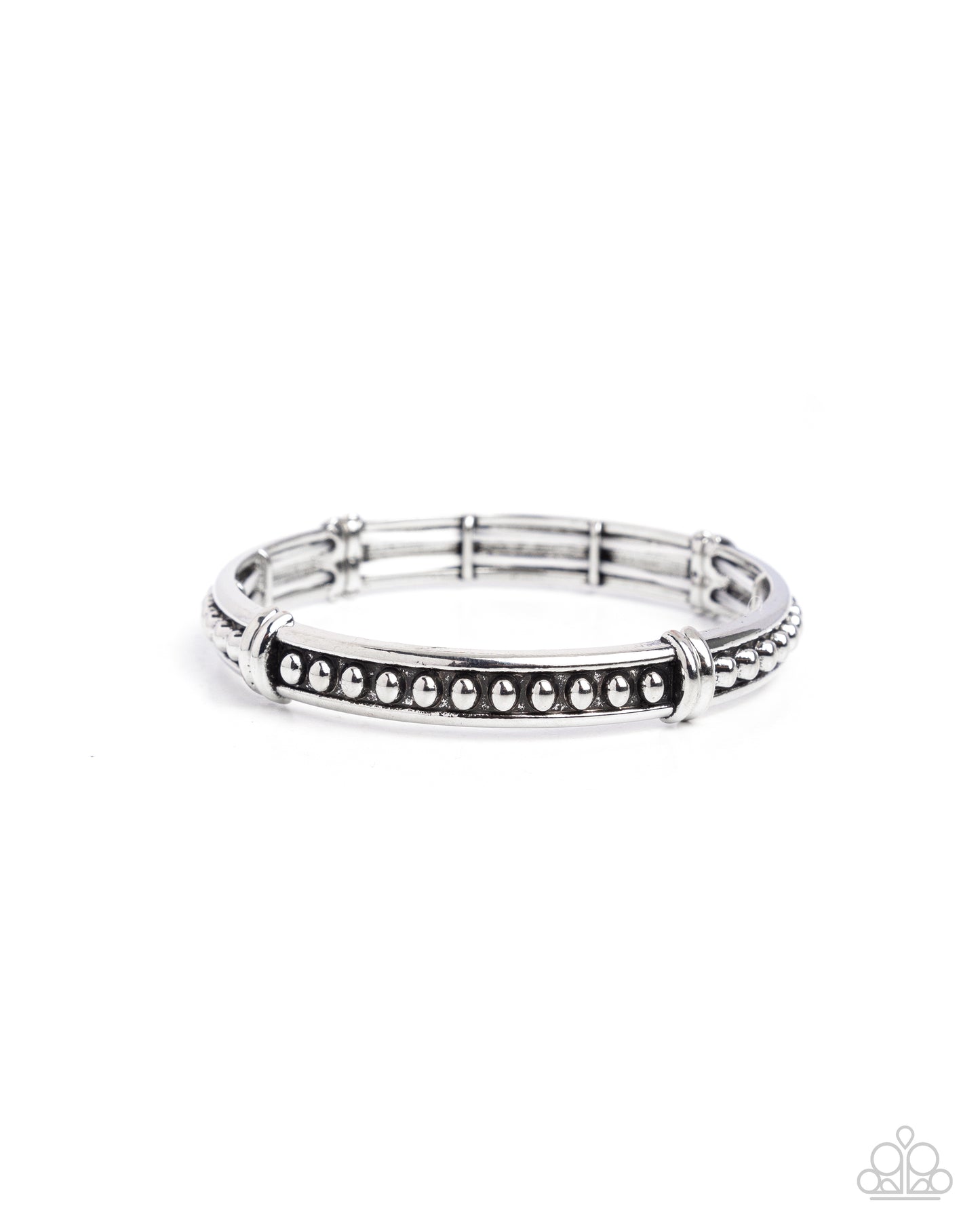 Silver bracelet with black accents on a white background