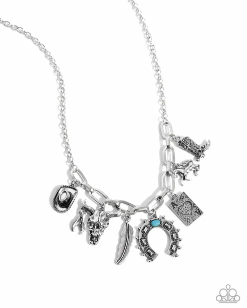Necklace with various charms on a white background