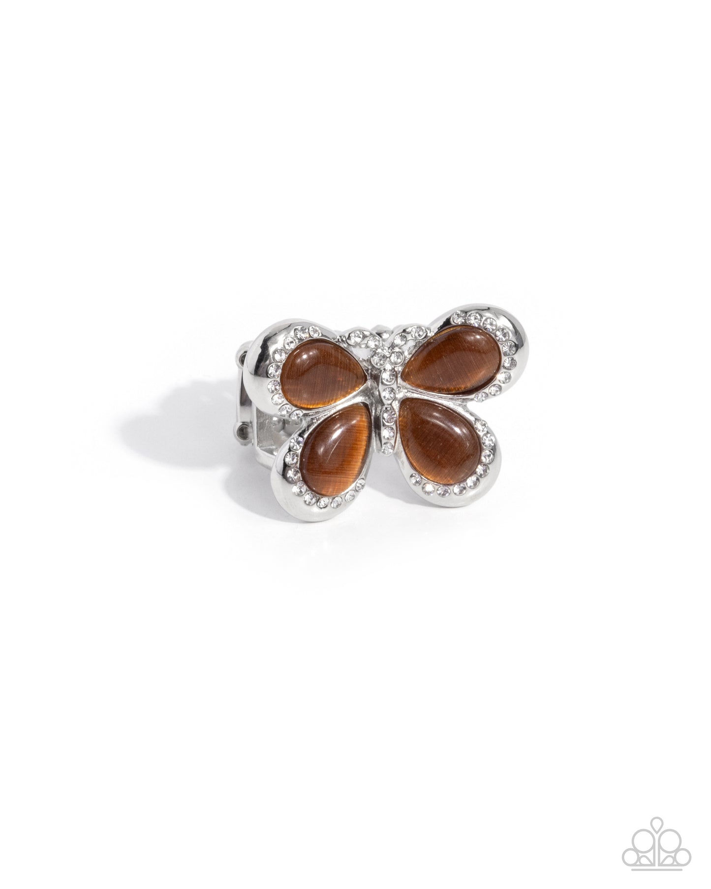 Silver ring with brown teardrop stones on a white background