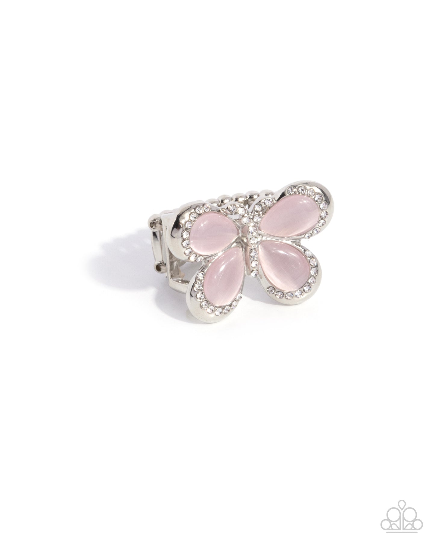 Butterfly-shaped ring with pink stones and silver accents on a white background