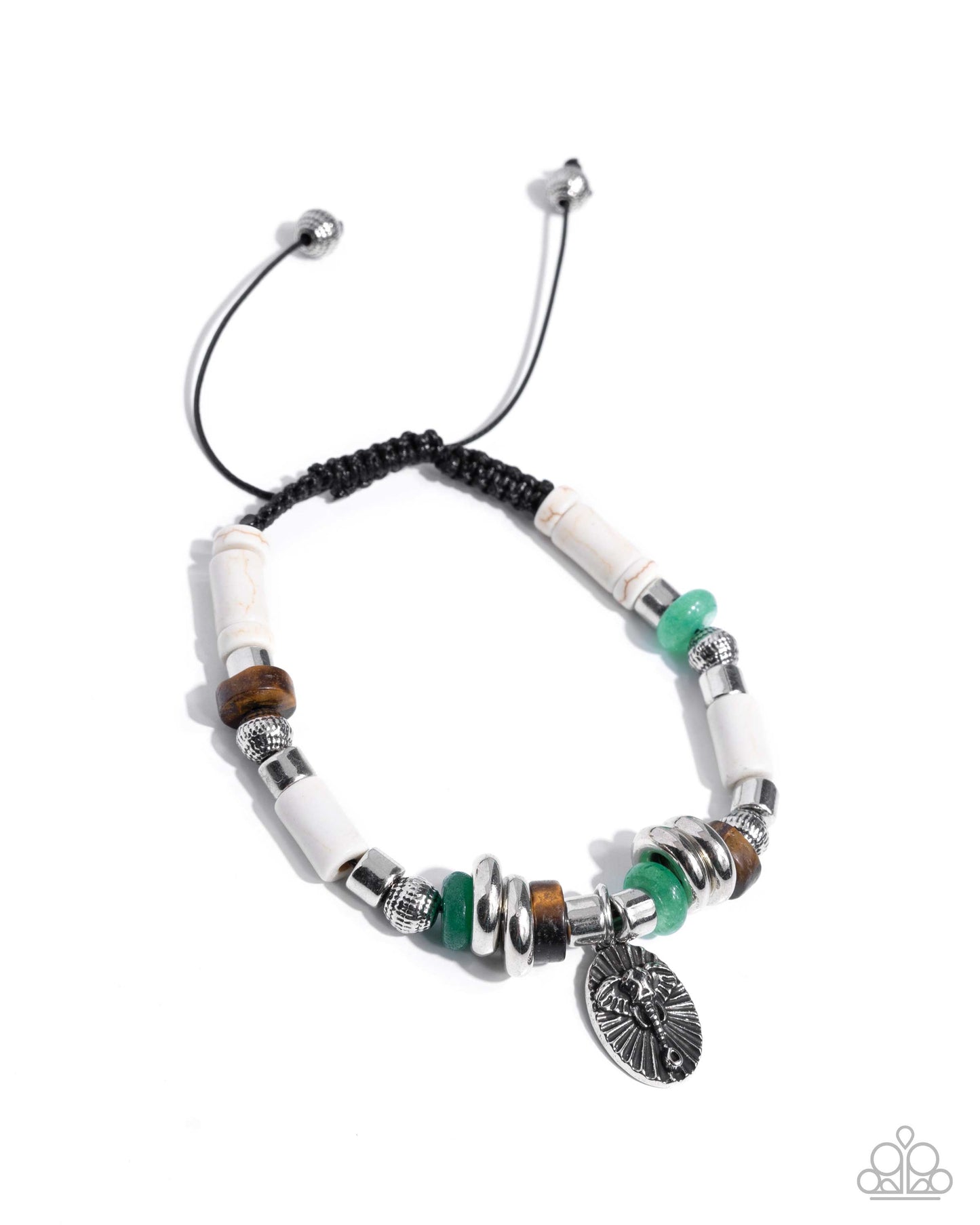 Necklace with white beads, green accents, and silver charm on a white background