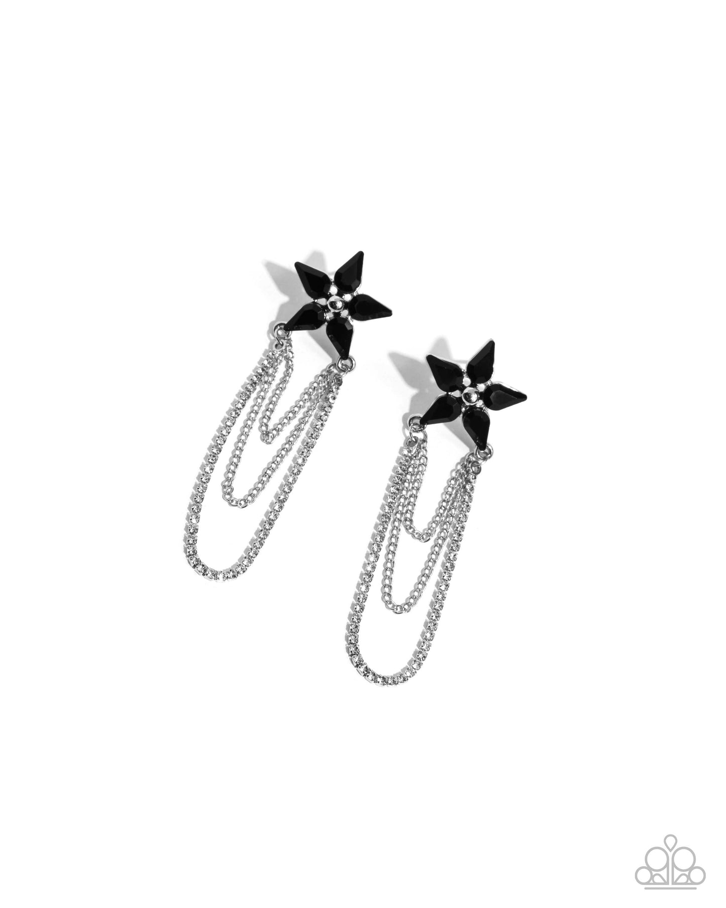A pair of silver-toned dangle earrings with black flower-shaped studs and layered chain drops, shown on a plain white background.