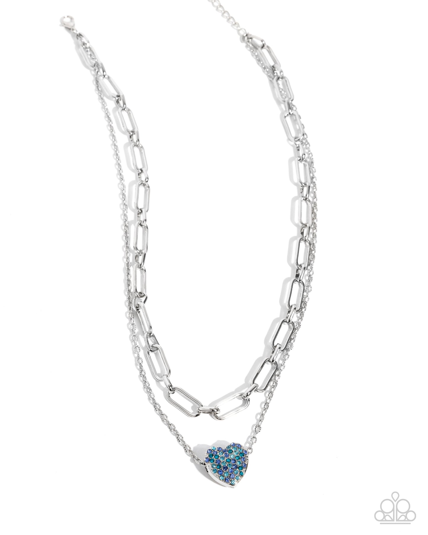 Silver chain necklace with a blue heart-shaped pendant on a white background