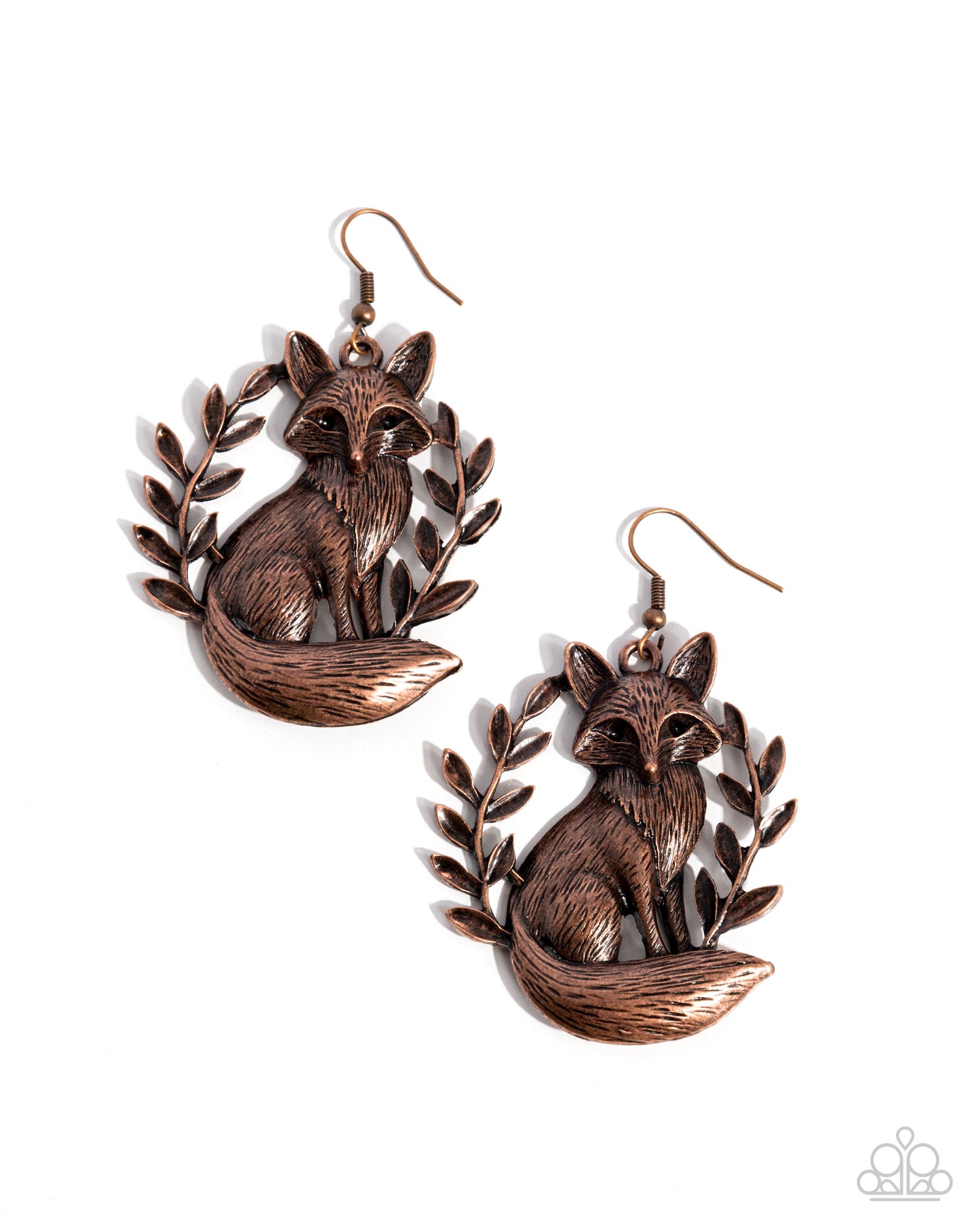 Pair of bronze fox earrings on a white background