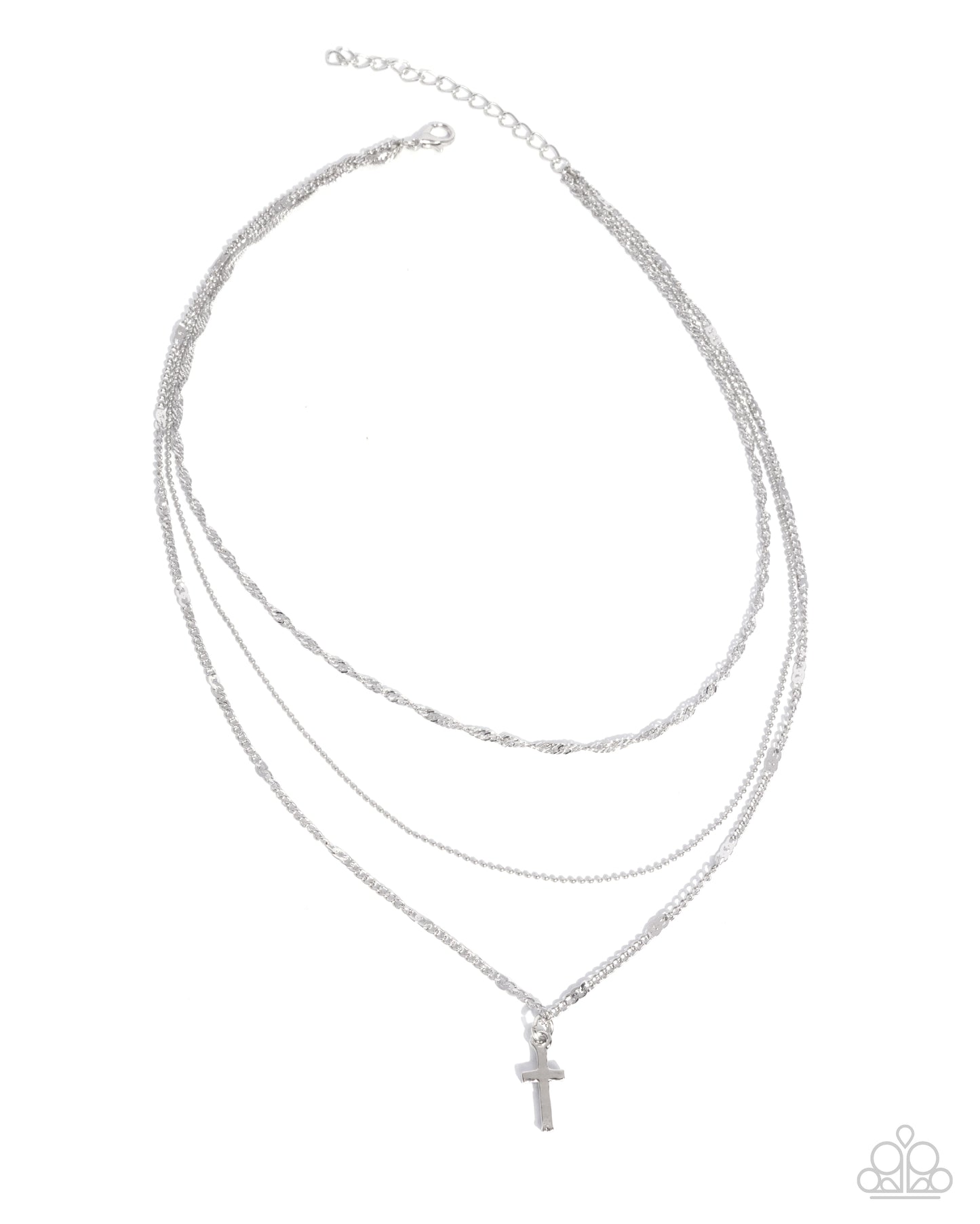 Stack of silver necklaces with a cross pendant on a white background