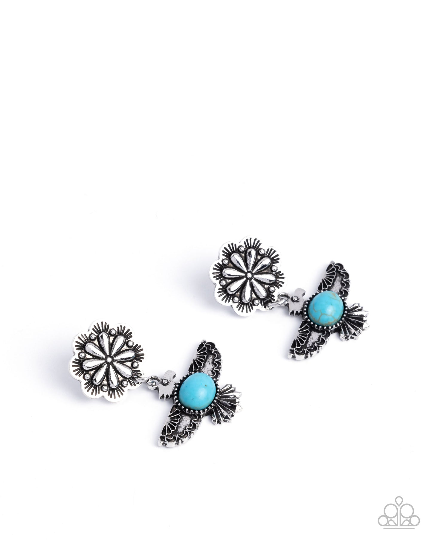 Pair of silver and turquoise earrings on a white background