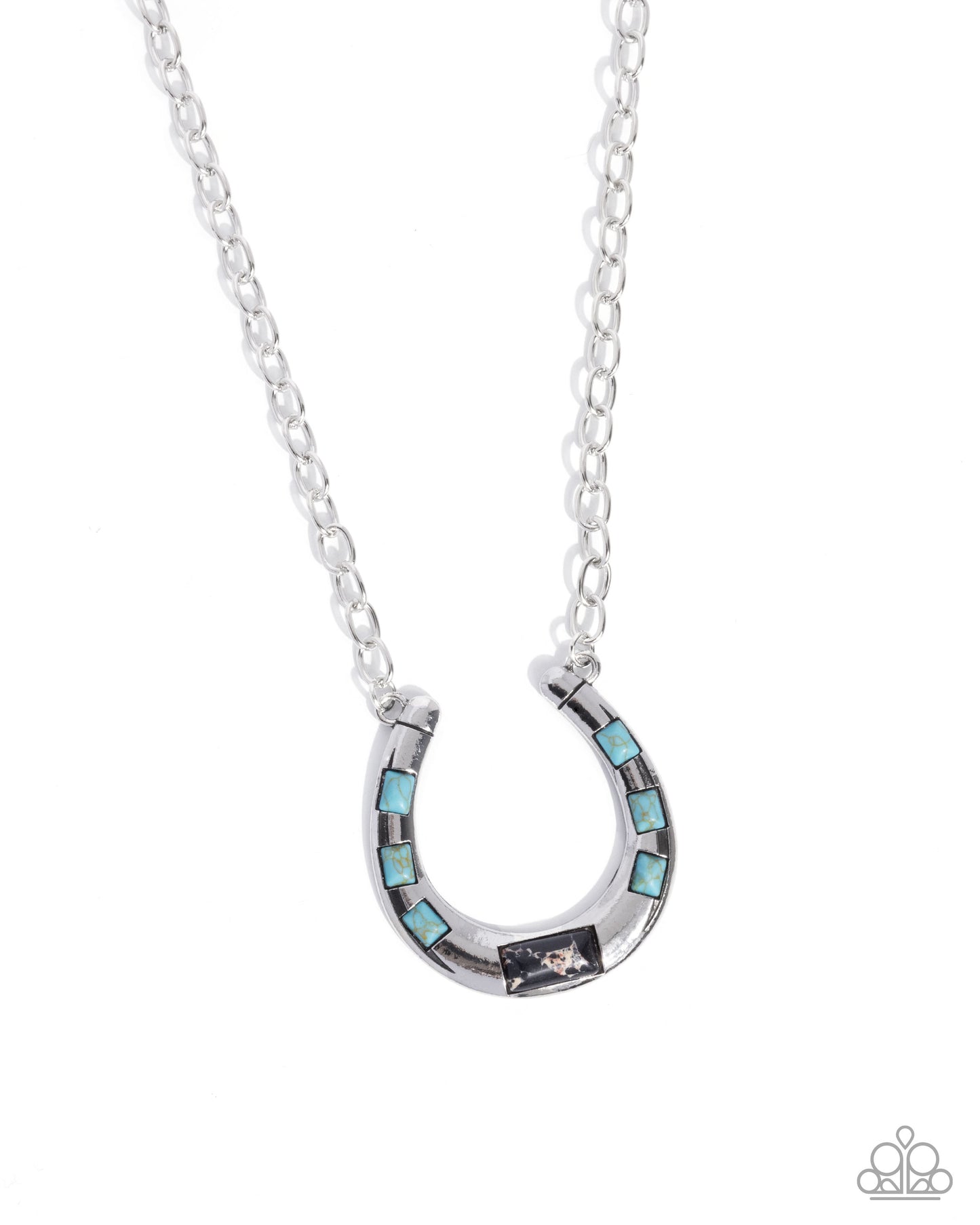 Silver horseshoe necklace with turquoise stones on a white background