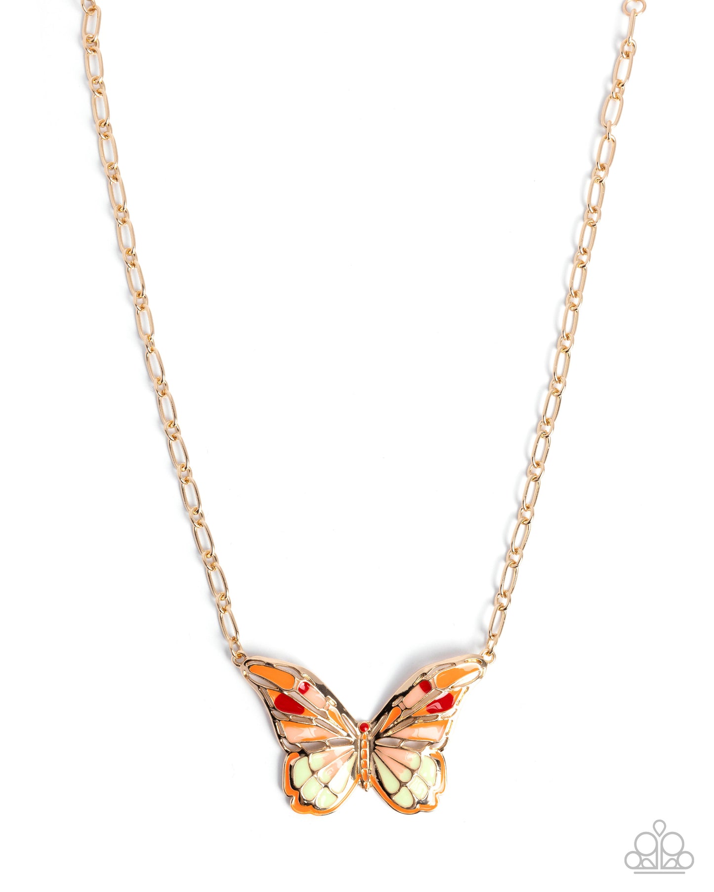 Butterfly-shaped pendant on a gold chain against a white background