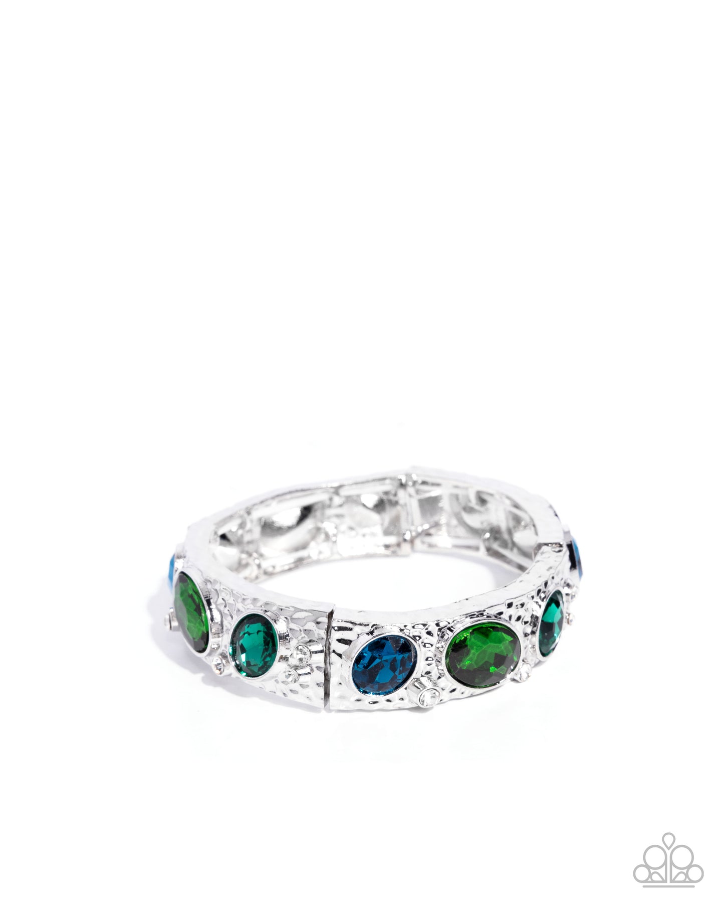 Silver ring with green and blue gemstones on a white background