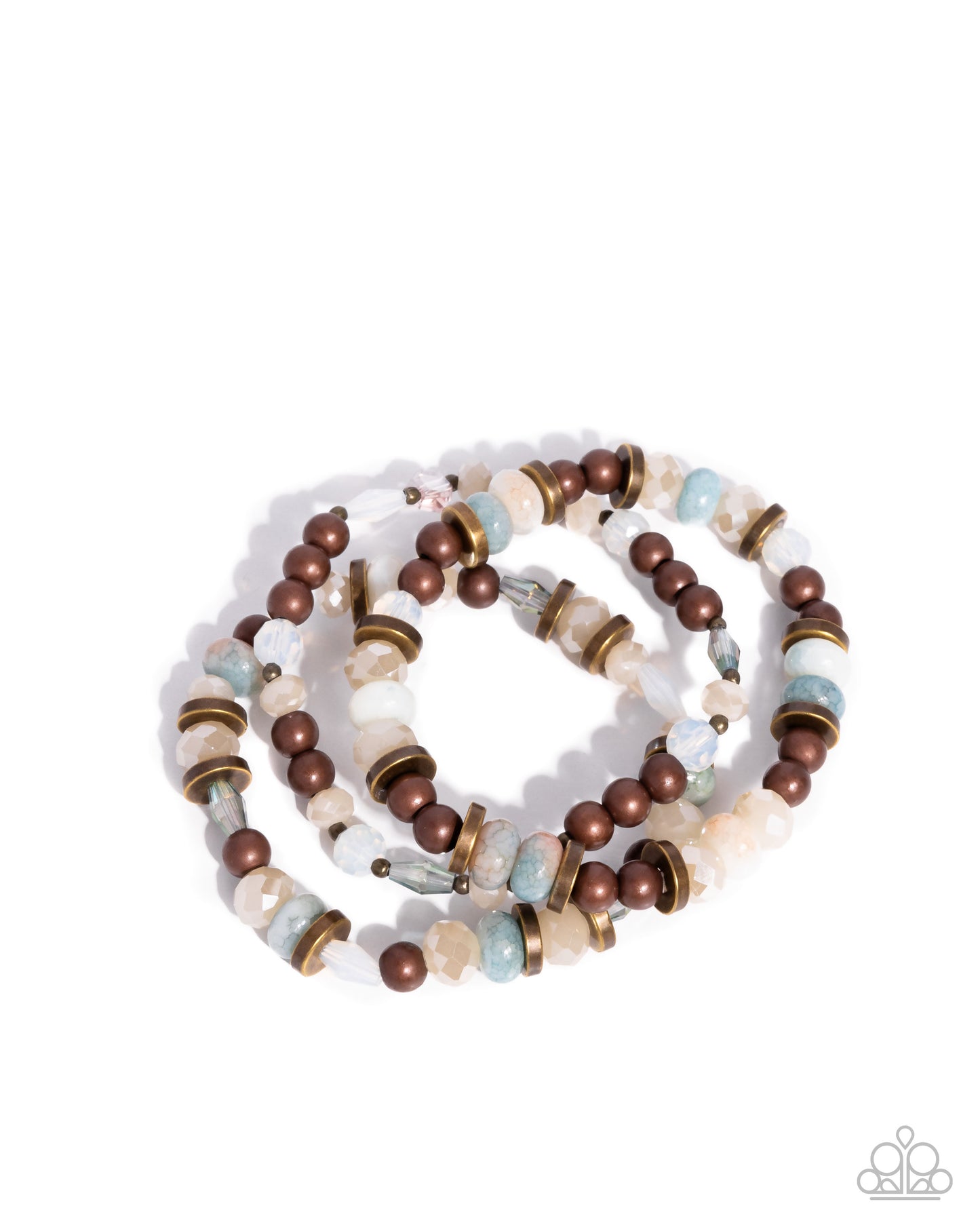 Stack of beaded bracelets with brown, gold, and multicolored beads on a white background