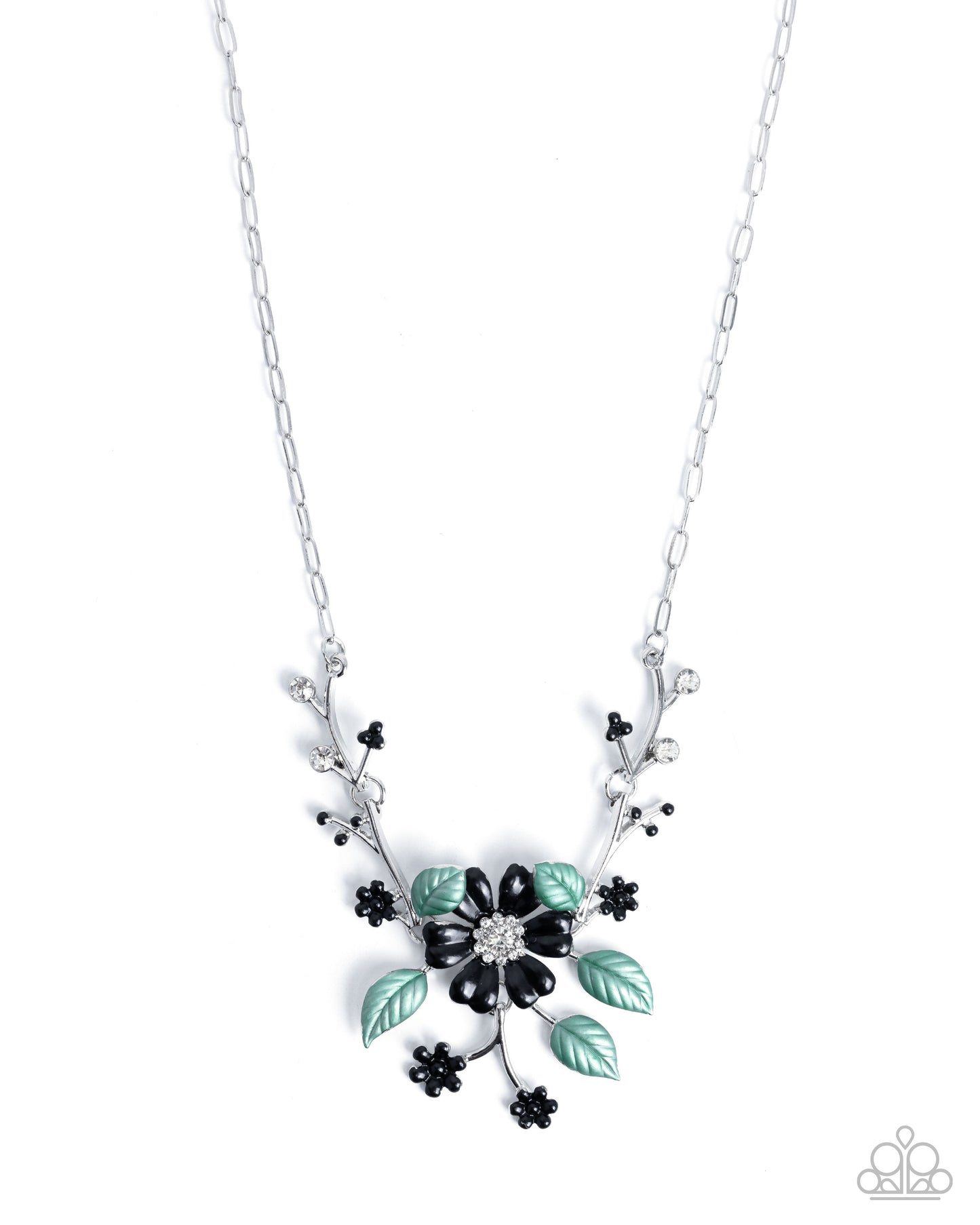 Necklace with floral design featuring black and green elements on a white background