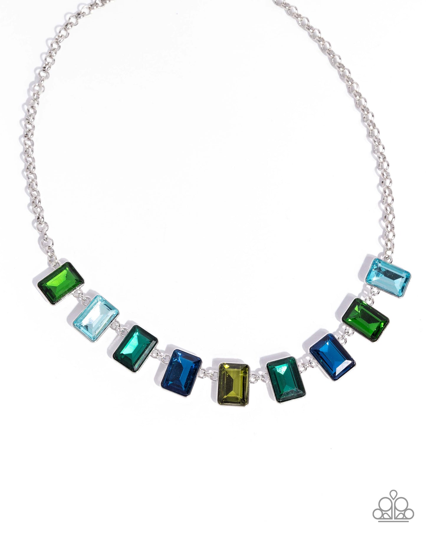 Necklace with green, blue, and clear gemstones on a white background