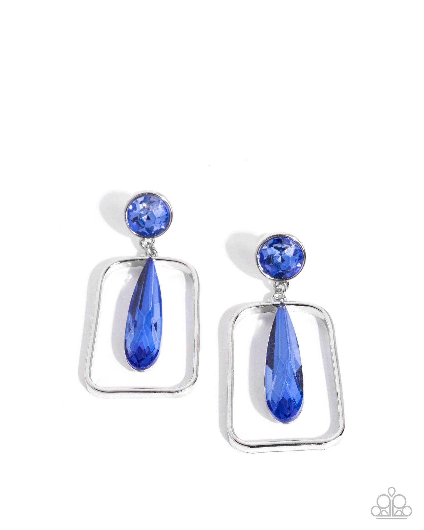 Pair of blue teardrop earrings with silver frames on a white background