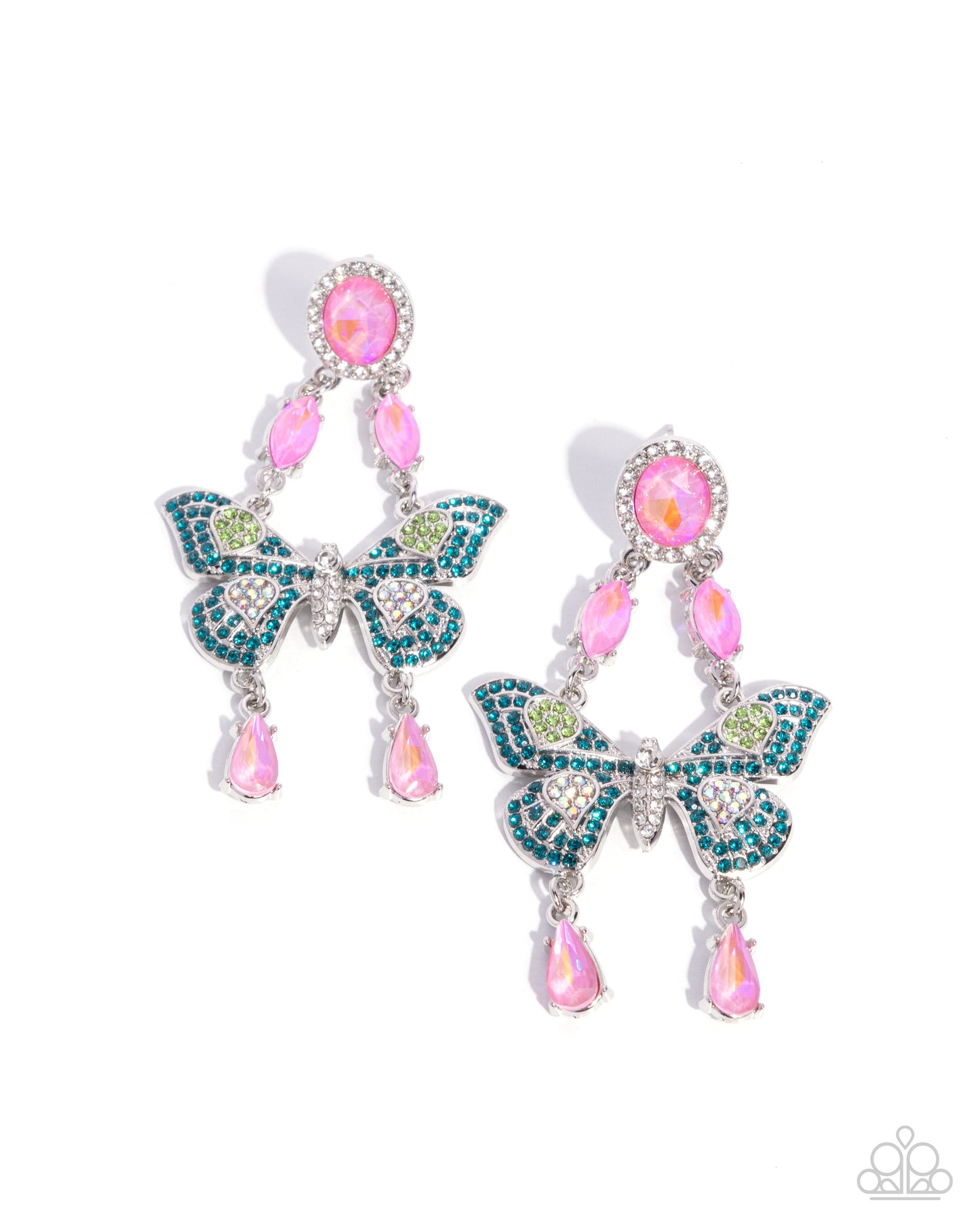 Butterfly-shaped earrings with pink and green accents on a white background